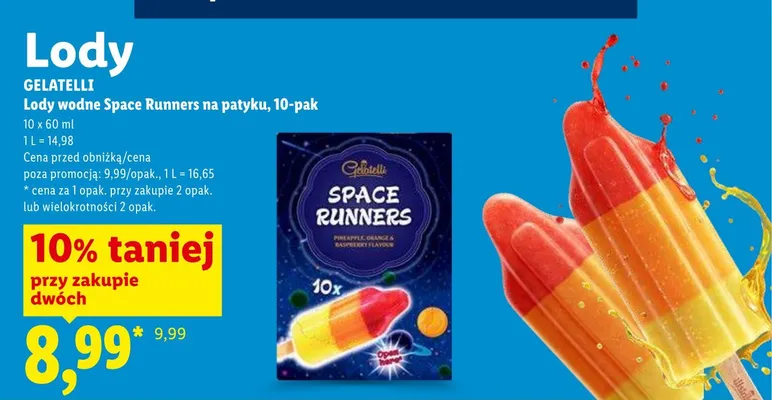 Lody wodne Space Runners na patyku GELATELLI 10-pak 60ml promocja w Lidl
