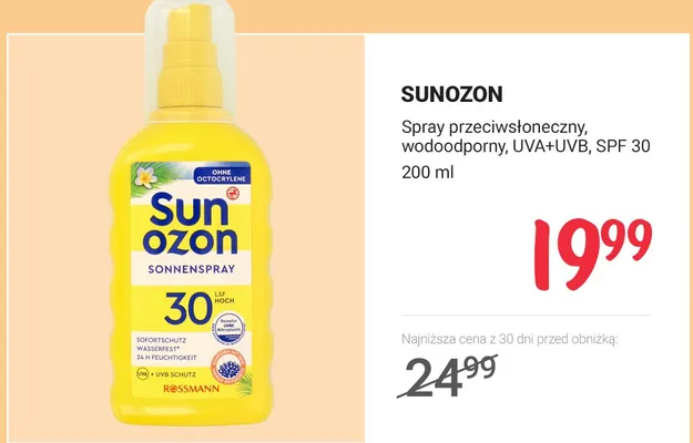 Spray przeciwsłoneczny Sunozon wodoodporny UVA+UVB SPF 30 promocja w Rossmann