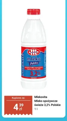 Mleko spożywcze świeże Polskie Mlekovita 3,2% promocja w Dino
