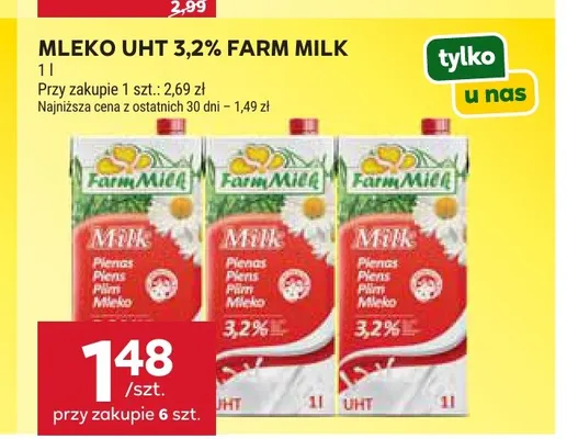 Mleko UHT Farm Milk 3,2% promocja w Stokrotka