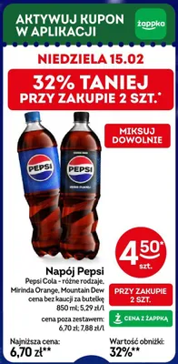 Napój Pepsi Cola różne rodzaje, Mirinda Orange, Mountain Dew promocja w Żabka