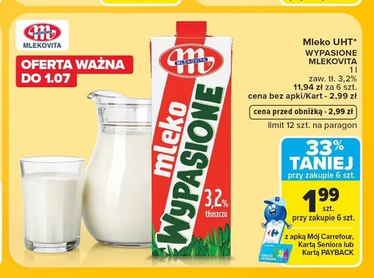 Mleko UHT Wypasione Mlekovita 3,2% promocja w Carrefour