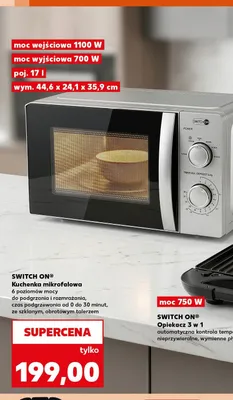 Kuchenka mikrofalowa SWITCH ON 6 poziomów mocy do podgrzania i rozmrażania czas podgrzewania od 0 do 30 minut ze szklanym obrotowym talerzem moc wejściowa 1100W moc wyjściowa 700W poj. 17l wym. 44,6x24,1x35,9cm promocja w Kaufland