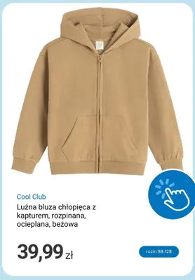 Luźna bluza chłopięca z kapturem rozpinana ocieplana beżowa Cool Club promocja w Smyk