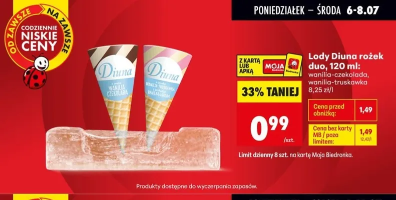 Lody Diuna rożek duo wanilia-truskawka promocja w Biedronka