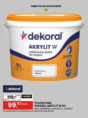 Emulsja biała Dekoral Akrylit W promocja w Leroy Merlin