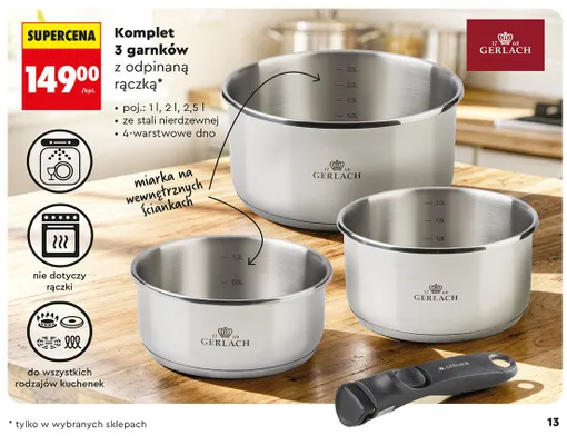 Komplet 3 garnków Gerlach z odpinaną rączką ze stali nierdzewnej 4-warstwowe dno poj. 1l 2l 2,5l promocja w Biedronka