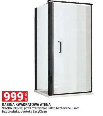 Kabina kwadratowa Atena 90x90x190cm, profil czarny mat, szkło bezbarwne 6mm bez brodzika, powłoka EasyClean promocja w Merkury Market