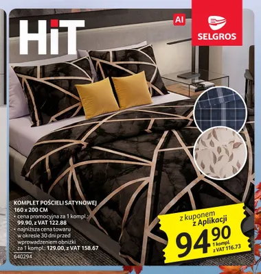 Komplet pościeli z bawełny satynowej 160 x 200 cm + 2 x 70 x 80 cm promocja w Selgros