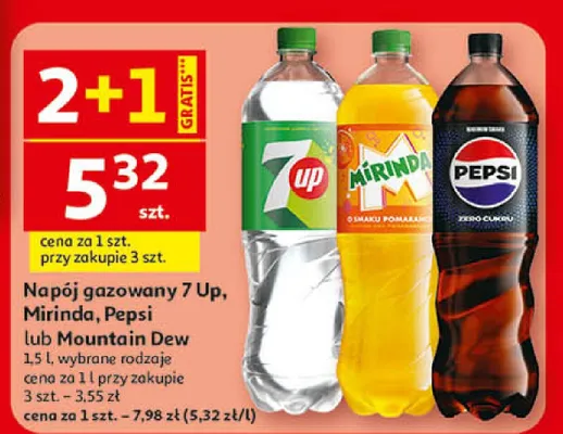 Napój gazowany 7 Up, Mirinda, Pepsi lub Mountain Dew 1.5 l, wybrane rodzaje promocja w Auchan