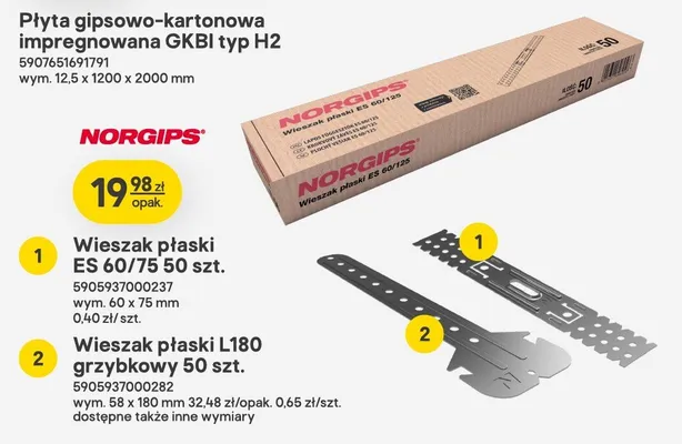Wieszak płaski L180 grzybkowy NORGIPS 50-pak 58x180mm promocja w Castorama