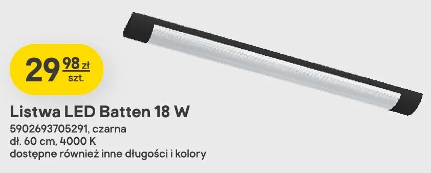 Listwa LED Batten 18W czarna promocja w Castorama
