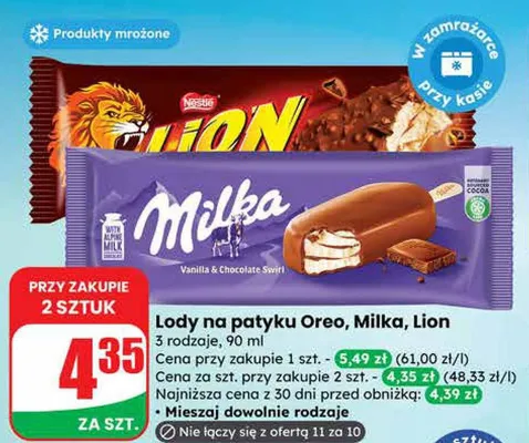 Lody na patyku Oreo, Milka, Lion 3 rodzaje promocja w Dino