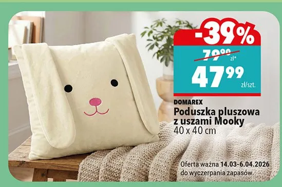 Poduszka pluszowa z uszami Mooky 40 x 40 cm promocja w Biedronka