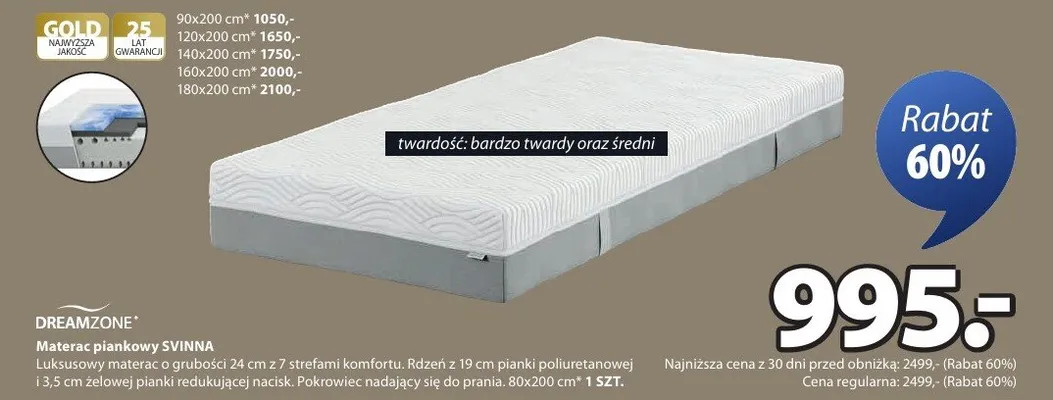 Materac piankowy Svinna promocja w Jysk