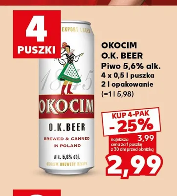 Piwo Okocim O.K. Beer 4-pak promocja w Kaufland
