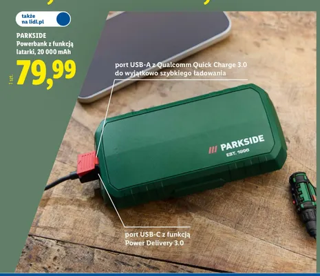 Powerbank z funkcją latarki 20 000mAh Parkside promocja w Lidl