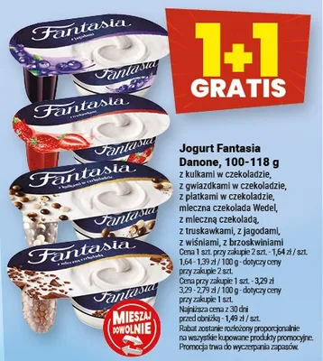 Jogurt Fantasia truskawka, jagoda, brzoskwinia, mix smaków, czekolada wanilia, wanilia, kokos promocja w Twój Market