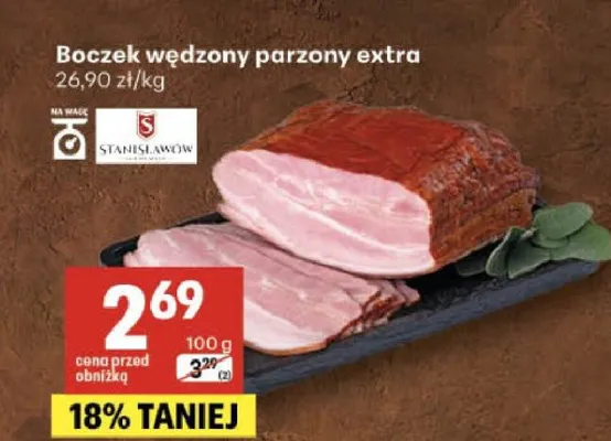 Boczek wędzony parzony extra Stanisławów promocja w Delikatesy Centrum