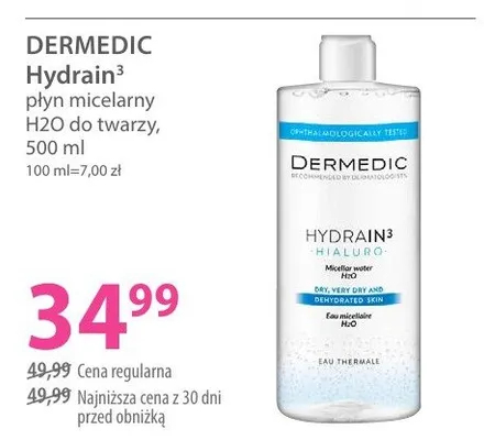 Płyn micelarny H2O do twarzy Dermedic Hydrain3 promocja w Hebe