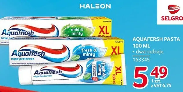 Pasta do zębów AQUAFRESH 100 ML promocja w Selgros
