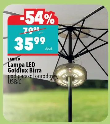 Lampa LED Goldlux Birra pod parasolem ogrodowym USB-C promocja w Biedronka Home