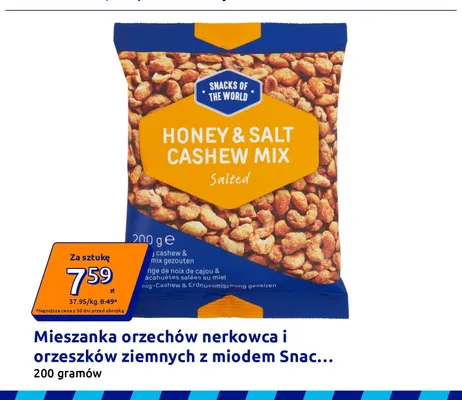 Mieszanka orzechów nerkowca i orzeszków ziemnych z miodem Snacks of the World promocja w Action