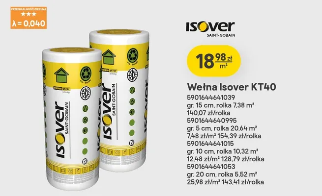 Wełna Isover KT40 gr. 15 cm promocja w Castorama