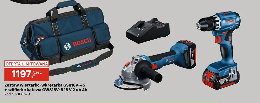Zestaw wiertarko-wkrętarka GSR18V-45 + szlifierka kątowa GWS18V-8 Bosch promocja w Leroy Merlin