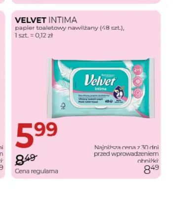 Papier toaletowy nawilżany Velvet Intima promocja w Drogerie Jawa