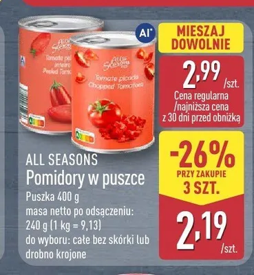 Pomidory w puszce całe bez skórki All Seasons promocja w Aldi