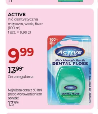 Nić dentystyczna miętowa wosk fluor Active 100 m promocja w Drogerie Jawa