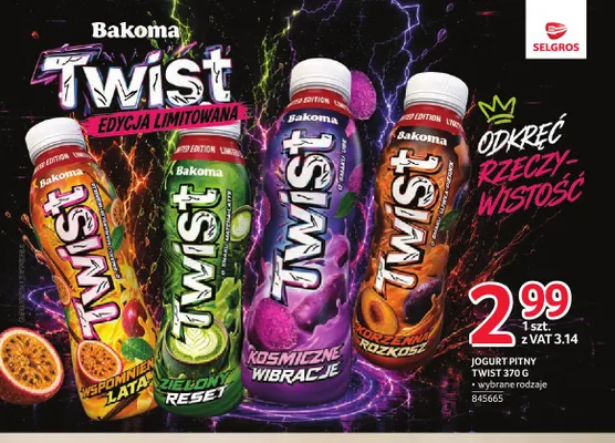 Jogurt pitny Twist Wspomnienie lata marakuja-wanilia Bakoma promocja w Selgros