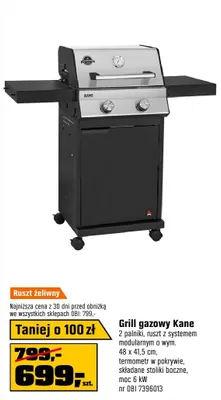 Grill gazowy Kane 2 palniki ruszt z systemem modularnym 48x41,5cm termometr w pokrywie składane stoliki boczne moc 6kW promocja w OBI