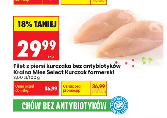 Filet z piersi kurczaka bez antybiotyków Kraina Mięs Select Kurczak farmerski promocja w Biedronka