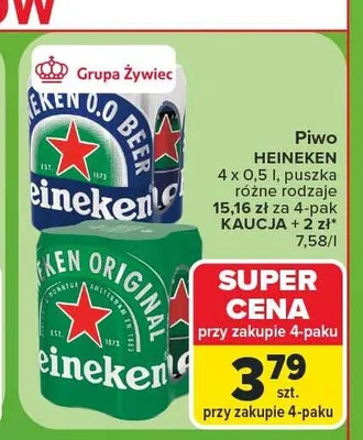 Piwo Heineken Original 4-pak 500 ml promocja w Carrefour Market