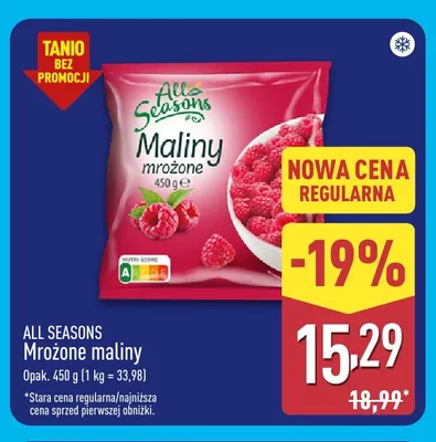 Mrożone maliny All Seasons promocja w Aldi