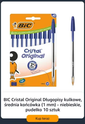 Długopisy kulkowe BIC Cristal Original 10-pak niebieskie promocja w Amazon