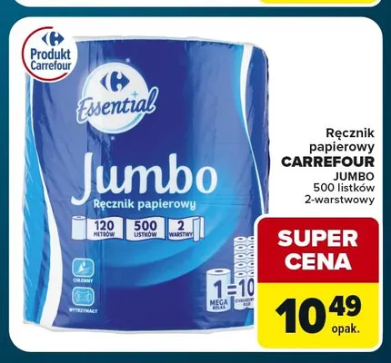 Ręcznik papierowy Jumbo 500 listków 2-warstwowy Carrefour promocja w Globi