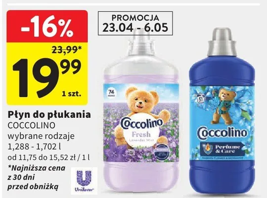 Płyn do płukania Coccolino wybrane rodzaje 1,28-1,702l promocja w Intermarche