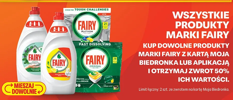 Wszystkie produkty marki Fairy ZWROT 50% z kartą lub aplikacją promocja w Biedronka