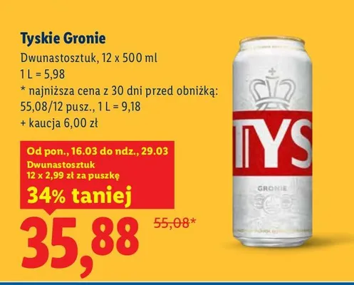 Piwo Tyskie Gronie dwunastoszstuk 12x500ml promocja w Lidl