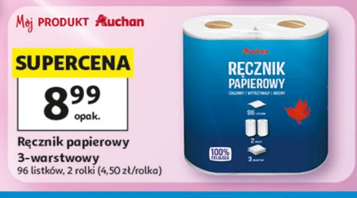Ręcznik papierowy Auchan 3-warstwowy 96 listków promocja w Auchan