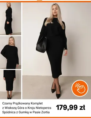 Czarny prążkowany komplet z wiskozą góra o kroju nietoperza spódnica z gumką w pasie Zortia Born2be promocja w Born2be