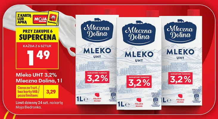 Mleko UHT Mleczna Dolina 3,2% promocja w Biedronka