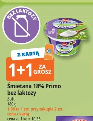 Śmietana Primo bez laktozy Zott 18% promocja w Leclerc