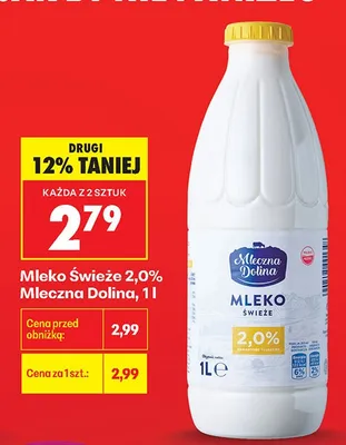 Mleko świeże 2,0% Mleczna Dolina promocja w Biedronka