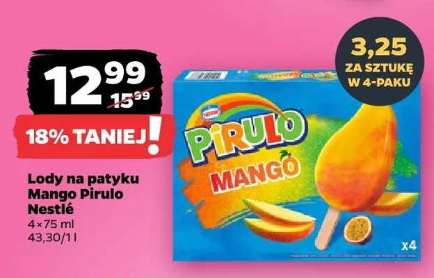 Lody na patyku Mango Pirulo Nestlé 4-pak 75ml promocja w Netto