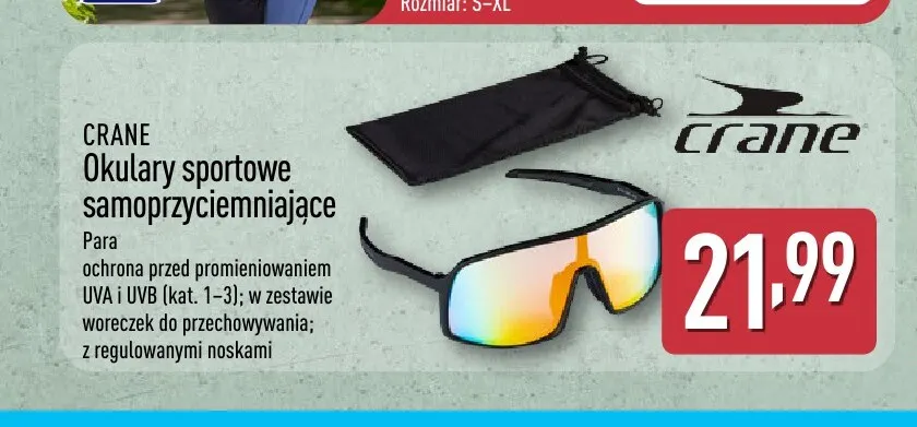 Okulary sportowe samoprzyciemniające Crane promocja w Aldi