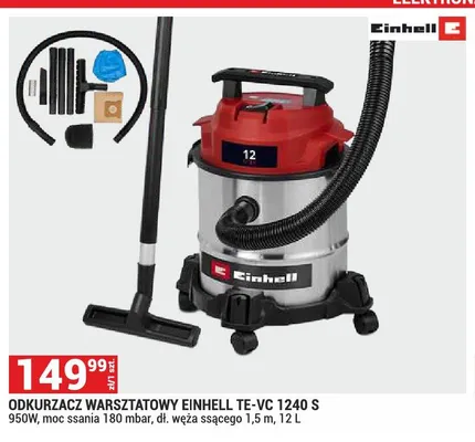 Odkurzacz warsztatowy EINHELL TE-VC 1240 S 950W moc ssania 180 mbar dł. węża ssącego 1,5m 12l promocja w Merkury Market